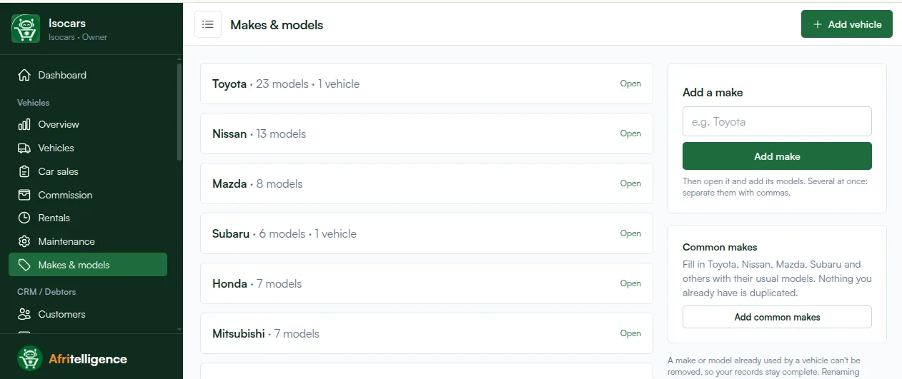 Car makes and models in a dealer management system: Toyota, Nissan, Mazda, Subaru, Honda and Mitsubishi with their models