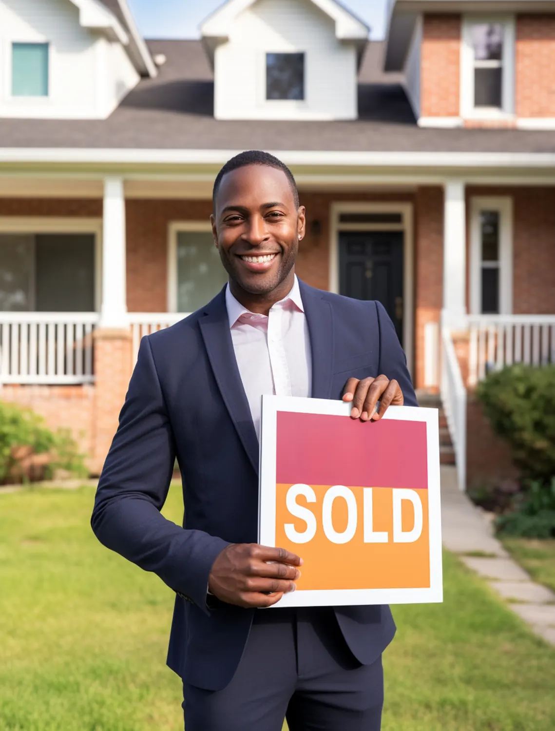 Real estate agent in Kenya holding a SOLD sign after selling a house on an installment plan