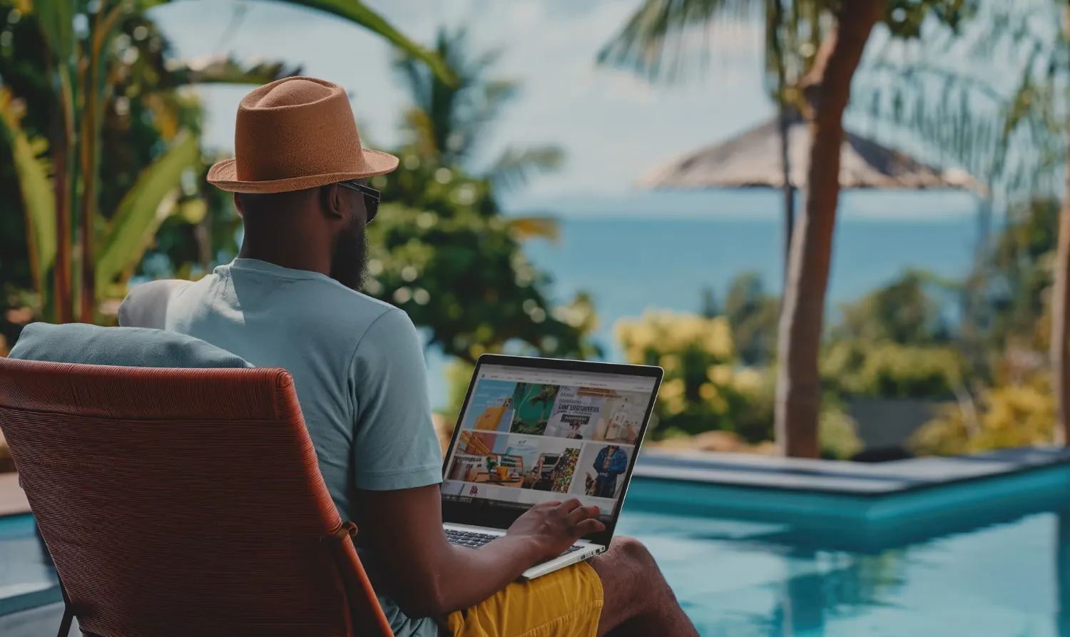 Landlord managing rent collection and property sales from a laptop anywhere